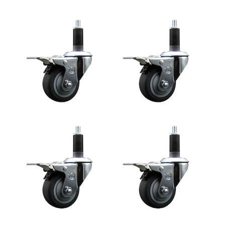 Service Caster 3'' SS Thermoplastic Rubber Swivel 1-1/8'' Expanding Stem Caster Set Total Lock Brake, 4PK SCC-SSEXTTL20S314-TPRB-118-4